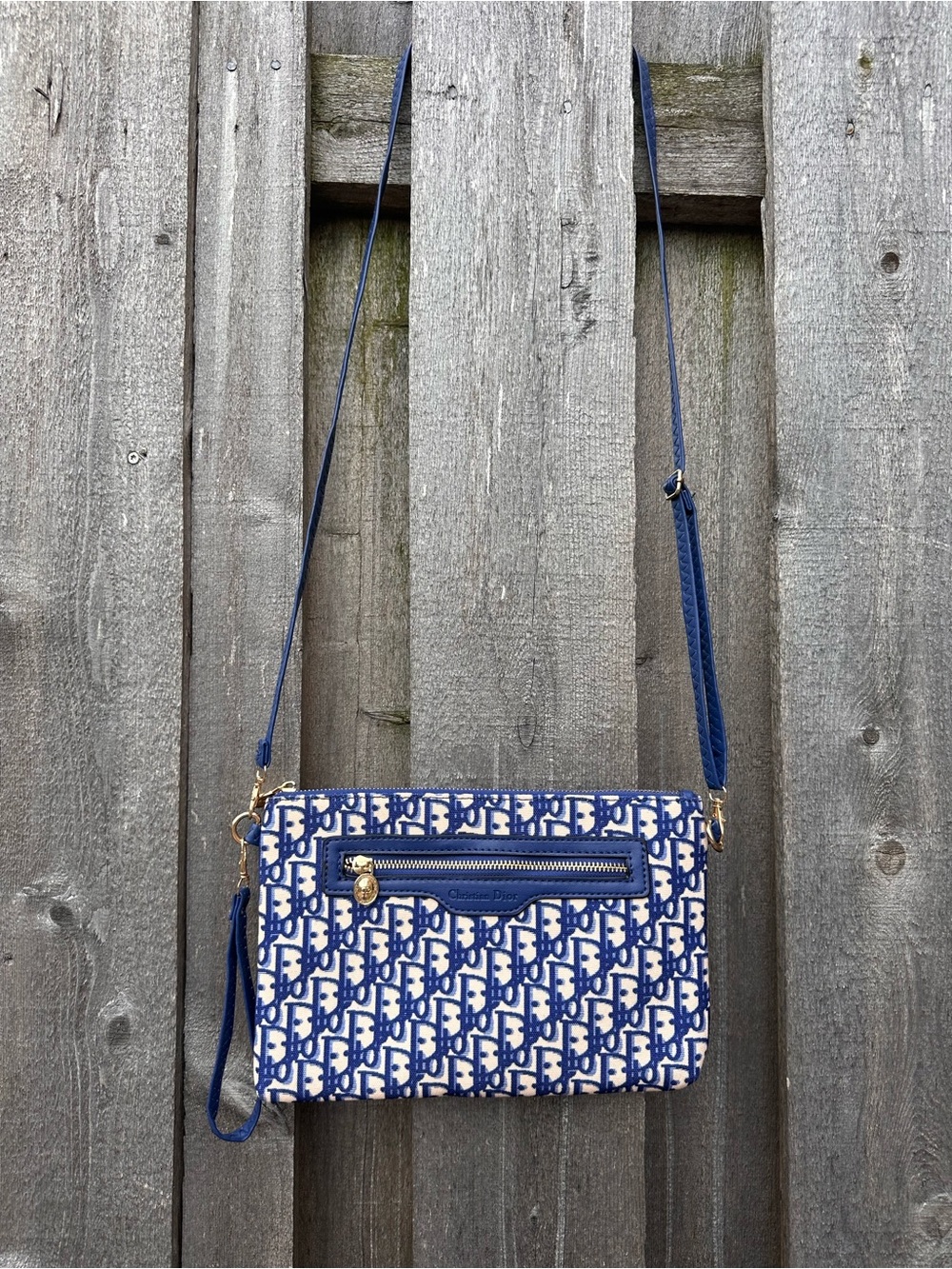Logo Inspired Blue and White Oblique Canvas Crossbody Pouch - Picture 5 of 6